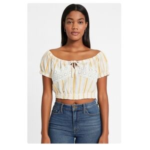 Haute Monde Cropped Linen/Cotton Blend Puffer Sleeve Striped Top Size Large